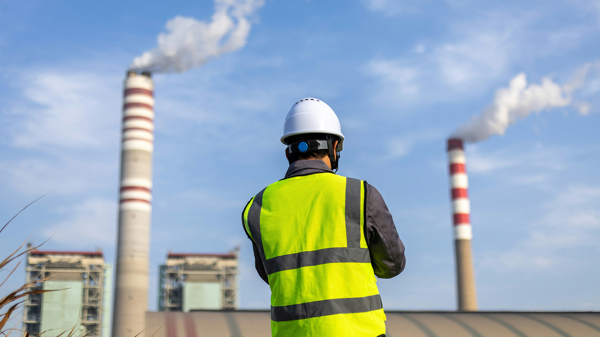Male worker standing in front of smoke stakes